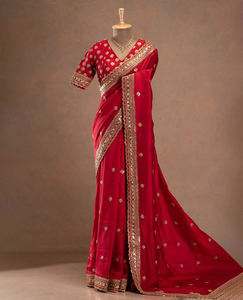 Sari indio de jacquard de diseño Bollywood para mujer, con imitación de trabajo Banarasi, para fiestas, bodas y ocasiones festivas, hecho de georgette elástico. - Product Image 1