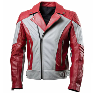 Men's Red And Gray PU Leather Motorcycle Jacket Slim Fit Turn-down Collar Windproof Moto Biker Style Autumn Wear - Product Image 1