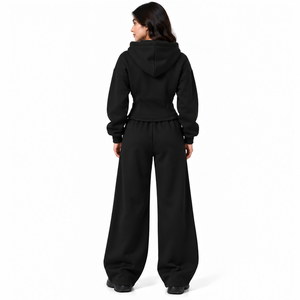 Ensemble de survêtement noir pour femmes à jambes larges, sweat à capuche zippé, appliqué personnalisé, tenue streetwear décontractée, fournisseur OEM en gros, marque privée - Product Image 2