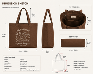 Keep Growing <b>Canvas</b> <b>Tote</b> Bag 35cm x 25cm Magnetic Snap Closure Brown Printing Design for Daily Use Shopping - Product Image 2