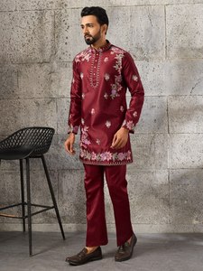 Ocassional wear Premium Pure <b>Silk</b> with Thread-Sequin with Animal-Bird Motif Work <b>Kurta</b>-Payjama Collection Supplier from Surat - Product Image 1