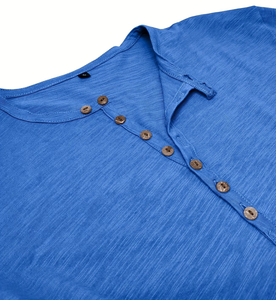 Men's Short Sleeve Henley T-Shirt Solid Blue Knitted Cotton Slim Fit Casual Regular Length Breathable Button-Up 180g Enzyme Wash - Product Image 5