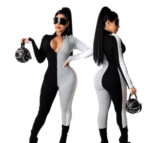 Combinaison moulante taille haute color block pour femme, manches longues, col rond, en Spandex et Polyester, style clubwear, longueur intégrale, avec rayures latérales - Product Image 4