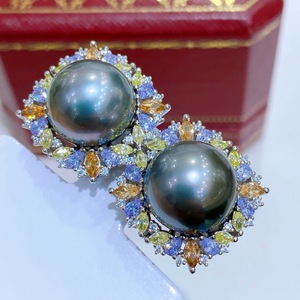 Boucle d'oreille en argent 925 de style français, perle verte paon et noire, 10-11 mm, perles naturelles presque parfaites - Product Image 2