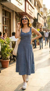 Robe midi décontractée d'été en lin et coton bleu, à fines bretelles, coupe ample, couleur unie, taille naturelle, sans manches - Product Image 3