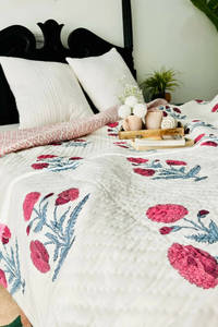Stylish Handmade 100% Natural Hand-block Printed Pink Carnation Floral Cotton <b>Quilt</b> Set For Home , Hotel <b>Bedding</b> Decor <b>Quilt</b> - Product Image 1