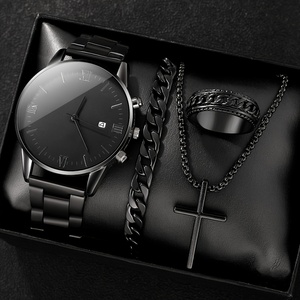 192045 Fashionable 4pcs Men's Quartz <b>Watch</b> Set With Calendar Function <b>Black</b> <b>Watch</b> - Product Image 1