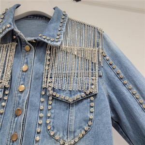 2026 New Arrivals Winter Rivet Beaded Tassels Windproof Fashion Personality Korean Long Stylish Bomber <b>Denim</b> <b>Jacket</b> - Product Image 5