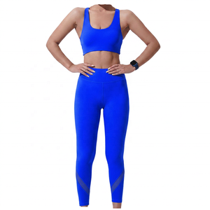 Blue 2 Piece Yoga High Waist Leggings Crop Spandex/Nylon Breathable <b>Lace</b> <b>Elastic</b> Waist Full Length Solid Color - Product Image 2