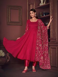 Ensemble Anarkali Rose de Luxe Premium pour Femme, Manches 3/4, en Santoon et Tulle, Semi-Couture, Extensible, Séchage Rapide, Idéal pour Fêtes et Mariages - Product Image 2