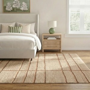 Modern Striped Jute Area <b>Rug</b> Rectangle Flat Weave Non-Slip Bedroom <b>Rug</b> 100% Organic Material <b>Thin</b> Pile Natural Beige Tone - Product Image 2