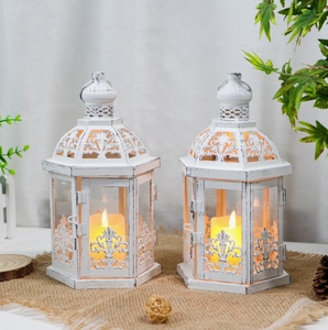 Moroccan Style Hexagon Metal Candle <b>Lantern</b> Gold Finish Star Cutouts Green Blue Embossed Glass Panels Votive <b>Tea</b> <b>Light</b> Holder - Product Image 3