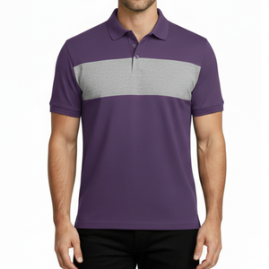 OEM Men's purple Polo Shirt with grey Contrast Chest Panel Short Sleeve Breathable Performance Fit Casual Golf Polo T-Shirt - Product Image 1