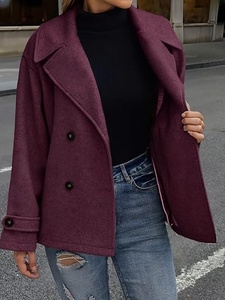 Manteau court en laine pour femme, col à revers, double boutonnage, couleur unie, manches longues, chaud, décontracté, pour l'automne - Product Image 3