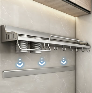 Drill-Free Wall Mount Kitchen Storage Rack with <b>Hooks</b> Space Aluminum Spice Organizer <b>Shelf</b> for Condiments Utensils Kitchen Tools - Product Image 1