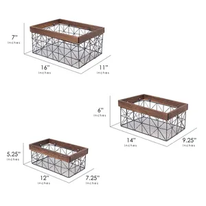 Metal Wire Colander Wooden Frame <b>Foldable</b> Design Dishwasher Safe 16x11x7 Inch Storage Bin Stands for Home Decor <b>Dining</b> <b>Table</b> - Product Image 1