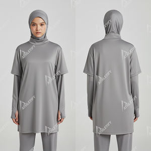 Haut de sport modeste pour femmes musulmanes, épaules tombantes, manches intérieures avec trous pour les pouces, UPF50+, respirant, pour le fitness et la course à pied - Product Image 4