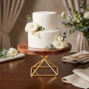 Support à gâteau en bois rond, présentoir à desserts avec base en métal, décoration de table rustique pour mariage ou fête - Product Image 4