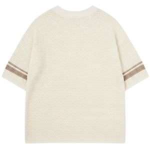 Camiseta de punto de ganchillo con rayas en contraste, top casual de verano texturizado de manga corta, prenda de punto transpirable - Product Image 2