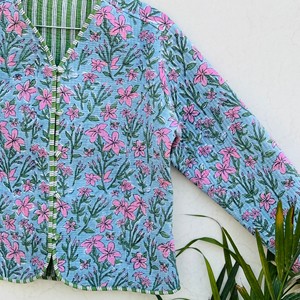 <b>Women</b> Quilted Cotton <b>Jacket</b> Floral Print V Neck Three Quarter Sleeve <b>Spring</b> Outerwear Contrast Trim - Product Image 5