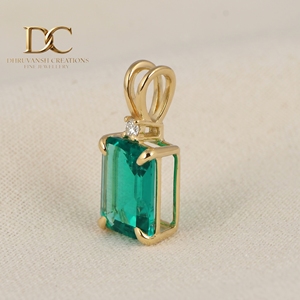 14KT <b>Solid</b> Yellow <b>Gold</b> Lab Grown Diamond & Colombian Emerald <b>Pendant</b> Charm Classic Solitaire Fine Jewelry for Women's - Product Image 3