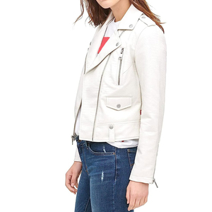 White genuine Leather Moto Jacket Women Stand Collar Full Sleeve <b>Zipper</b> Closure Solid Color Autumn Wear Custom logo leather - Product Image 5