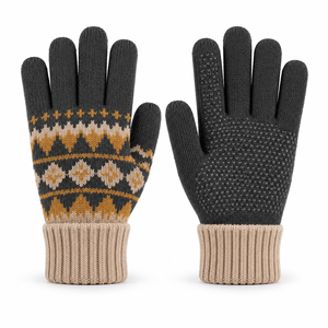 <b>Knit</b> Winter <b>Gloves</b> With Nordic Pattern Anti-Slip Texture Raised Micro-Diamond Fingertips Beige Cuff Cold Resistance - Product Image 1