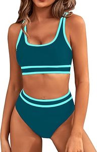 Women's Teal Blue <b>Bikini</b> <b>Set</b> Scoop Neck Contrast Binding High Waist Two Piece Swimwear Stretch Fit Regular Style - Product Image 2