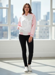 Veste de sport en satin personnalisée pour femmes |   Blouson bomber rose et blanc à manches raglan de haute qualité |   Veste Letterman slim fit pour la danse - Product Image 5