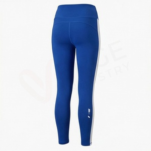 High Waist Full Length Yoga <b>Leggings</b> Blue Solid Color Side <b>Stripe</b> Four-Way Stretch Seamless Design - Product Image 2