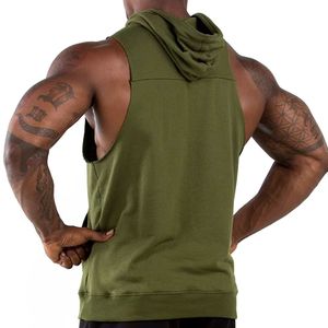 <b>Men's</b> <b>Sleeveless</b> Hooded Tank Top Solid Olive Green Cotton French Terry Casual Fit Spring Wear - Product Image 2