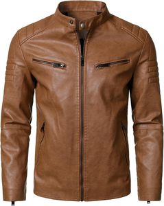 Men's Tan Camel Honey Brown PU Faux <b>Leather</b> Cafe Racer <b>Jacket</b> Band Stand Collar Snap Button Ribbed Padded Sleeve - Product Image 1