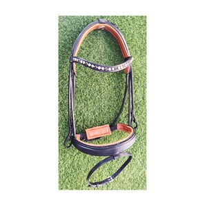 Brida de caballo de cuero redondo negro diseño punteado noseband color bronceado brida de cuero acolchado suave - Product Image 1