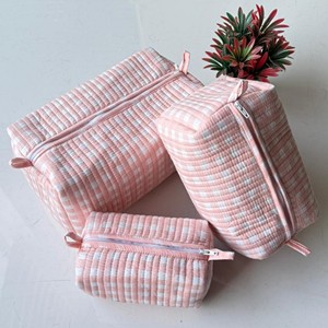 Juego de Bolsas de Cosméticos de Algodón a Cuadros Rosa con Cierre de Cremallera, Bolsas de Maquillaje Multifuncionales - Product Image 4