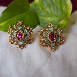 Vintage Gold Plated Oxidized Polish Floral Number Casual Stud Earrings with Pearl and Diamond Accents - Product Image 4