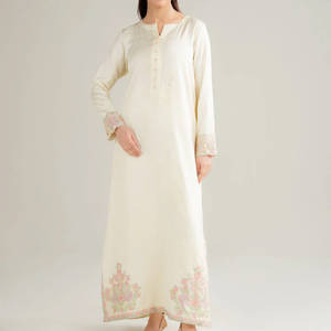 Elegant Cream Maxi <b>Dress</b> With Floral Embroidery Full Sleeve V-Neck Modest Style Handmade Cotton Gown - Product Image 1