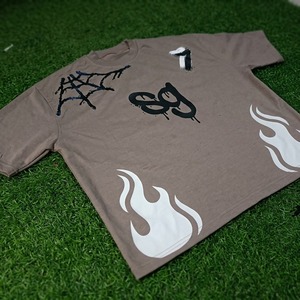 Men's Brown O-Neck Short Sleeve T-<b>Shirt</b> SG Logo <b>Flame</b> Spiderweb Print Street Style Regular Fit Breathable 220g Cotton Jersey - Product Image 2