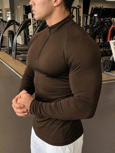 Men's Slim Fit <b>Long</b> <b>Sleeve</b> O-Neck Compression Shirt Front Eco-Friendly Quick Dry Solid <b>Brown</b> Sporty Knitted Spandex Workout <b>Top</b> - Product Image 3