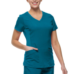 Blouses et Chemises d'Infirmière Personnalisées à Manches Courtes et Col en V, Uniformes Hospitaliers en Tissu Sergé, Polyester Spandex, En Stock, Vente en Gros - Product Image 3