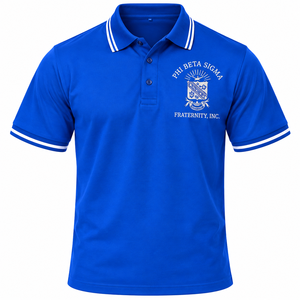 เสื้อโปโลสีน้ำเงินรอยัลสำหรับผู้ชาย แบรนด์ Phi Beta Sigma ปักลายตราสัญลักษณ์ แขนสั้น คอเสื้อแบบมีปลาย  สำหรับกลุ่มพี่น้อง  วิทยาลัย  ลำลอง  ทีมกรีก - Product Image 3
