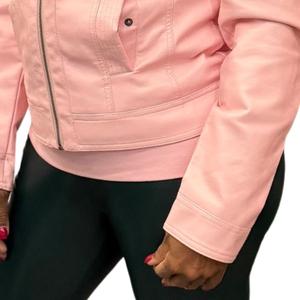 Soft <b>Pink</b> Leather <b>Jacket</b> for Women Classic Long Sleeve Zip Up Casual Outerwear Lightweight Streetwear Fashion Moto Coat - Product Image 6