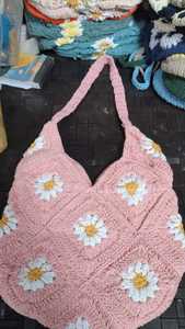 Bolso Tote de Ganchillo para Mujer, Diseño de Margaritas Azules, Estilo Bohemio, Bolso de Hombro Hecho a Mano para Playa de Verano, Cierre Abierto - Product Image 5