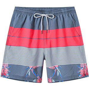 Men's Gray Red Striped Floral Print Quick Dry Knitted Polyester Board Shorts Mid Waist Drawstring Closure Swim Trunks - Product Image 2