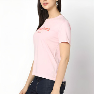 เสื้อยืดแขนสั้นคอกลมพิมพ์ลายสีชมพูบาร์เซโลนาสเปนสำหรับผู้หญิง ทรงปกติ ผ้าฝ้ายเจอร์ซีย์ สไตล์ลำลอง ใส่ได้ทั้งฤดูใบไม้ผลิและฤดูร้อน - Product Image 3