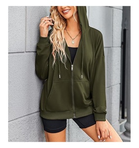 Sudadera con capucha informal cómoda de algodón 100% para mujer, de manga larga, cuello redondo, hombros caídos, color liso, con cremallera, al mejor precio al por mayor - Product Image 5