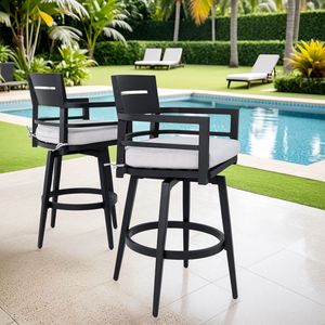Sedie da Bar Girevoli Moderne da Esterno in 2 Pezzi, Telaio in Alluminio Nero Ember, Rotazione a 360°, Schienale Ergonomico e Braccioli - per Arredamento da Patio - Product Image 2