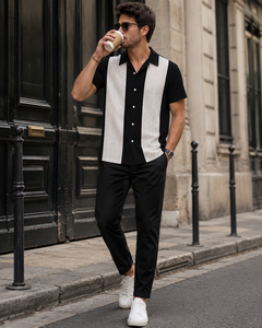 Camisa Casual Premium de Manga Corta con Paneles Negros y Blancos a Rayas, con Botones al Frente y Estilo Urbano Contemporáneo - Product Image 6