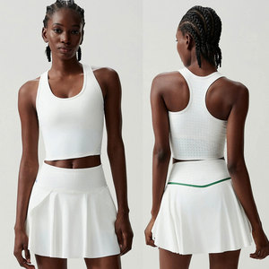 Women White Tennis Tank Top <b>Skirt</b> Set Breathable <b>Mesh</b> Athletic Apparel Summer Sportwear Solid Color Sleeveless Round Neck - Product Image 1
