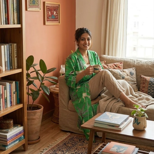 Bata Kimono de Algodón con Estampado de Selva Verde para Mujer, Larga, de Manga Larga, Ropa de Dormir Cómoda, Bata de Estar por Casa - Product Image 5