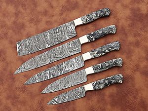 Juego de Cuchillos de Chef de Acero de Damasco Ecológico de Alta Calidad 2026, Hecho a Mano con Mango de Resina, Cuchillo de Cocina y Camping OEM, 5 Hojas con Punta Caída - Product Image 6